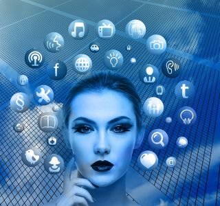 woman, face, social media, thoughts, head, nature, applications, apps, social media applications, icons, circle, tree, networks, internet, social, social network, facebook, google, social networking, networking, multimedia, blue