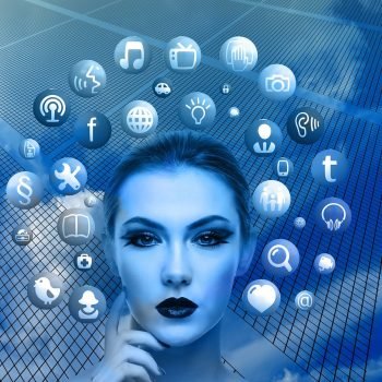 woman, face, social media, thoughts, head, nature, applications, apps, social media applications, icons, circle, tree, networks, internet, social, social network, facebook, google, social networking, networking, multimedia, blue