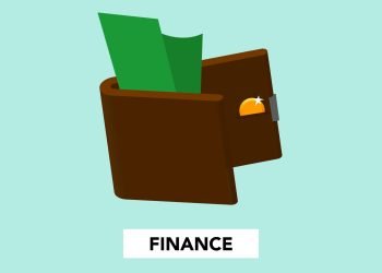 Simple illustration with dollar banknote and coin in wallet above finance inscription on green background