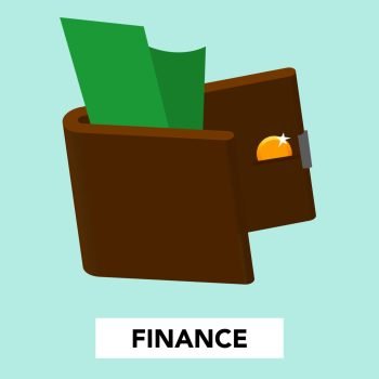 Simple illustration with dollar banknote and coin in wallet above finance inscription on green background